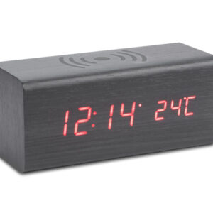 Zegar na biurko z ładowarką indukcyjną CORNELL z własnym nadrukiem, kolor czarny