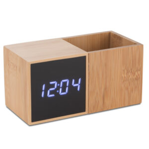 Zegar z przybornikiem na biurko BAMBOO z własnym nadrukiem, kolor brązowy