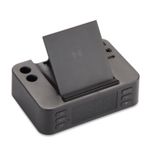 Budzik z ładowarką indukcyjną CLOCKI z własnym nadrukiem, kolor czarny