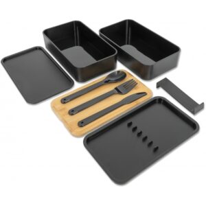 Lunch box 2x600 ml ze sztućcami PESCARA - z logo z własnym nadrukiem, kolor czarny