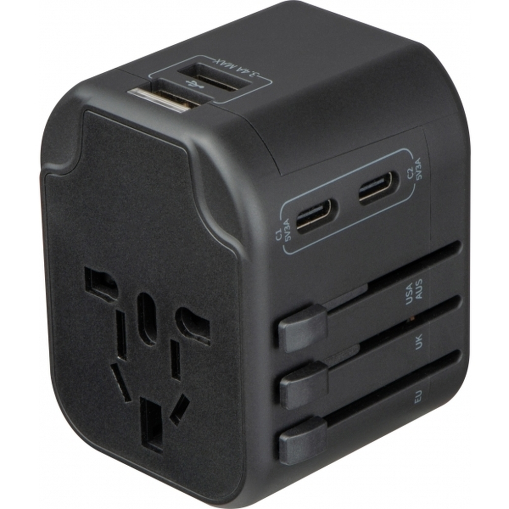 Adapter podróżny MARACENA - z logo z własnym nadrukiem, kolor czarny