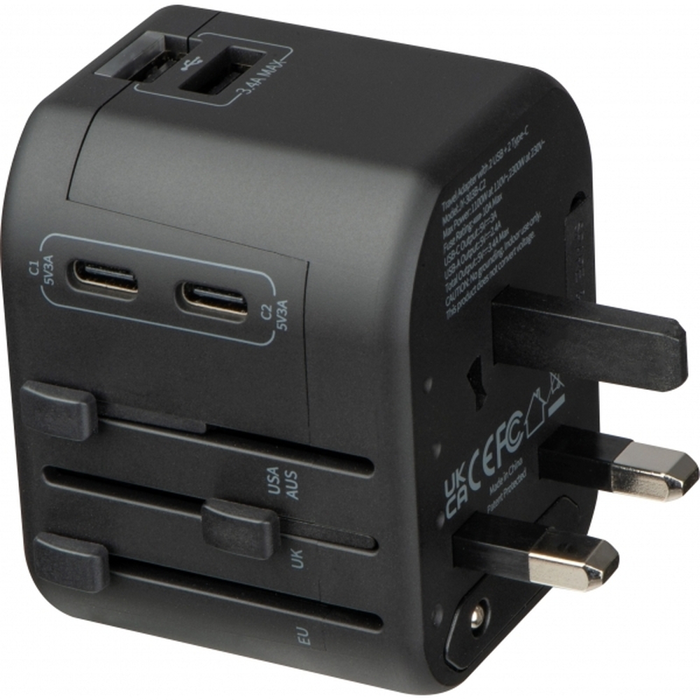 Adapter podróżny MARACENA - z logo z własnym nadrukiem, kolor czarny