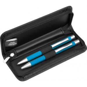 Zestaw piśmienny długopis i ołówek automatyczny soft touch UPPSALA - z logo z własnym nadrukiem, kolor jasnoniebieski