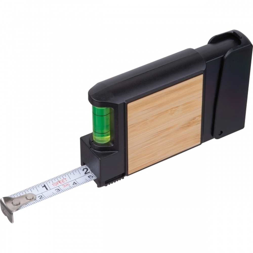 Miara 3m z poziomnicą i bitami HALIFAX - z logo z własnym nadrukiem, kolor czarny