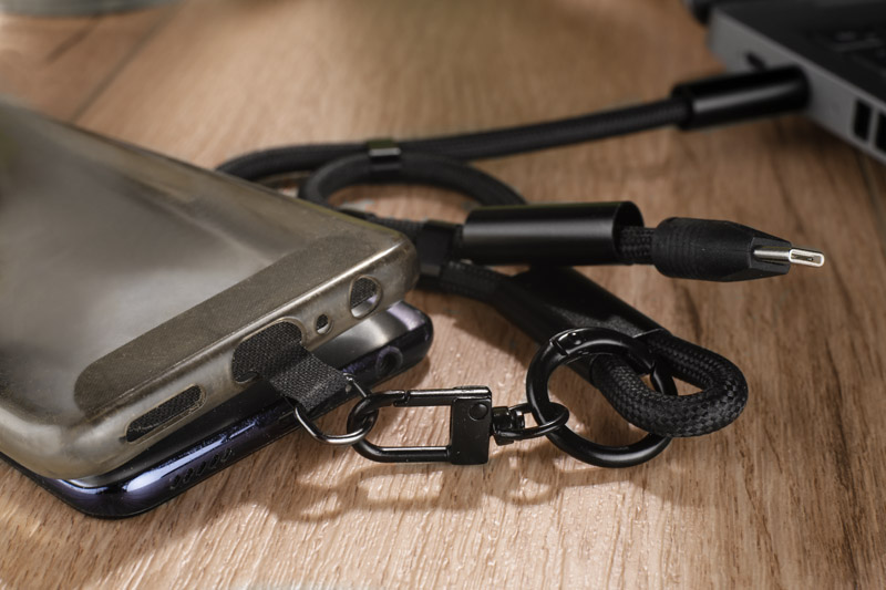 Smycz do telefonu z funkcją ładowania CHARD MINI 60W z własnym nadrukiem, kolor czarny