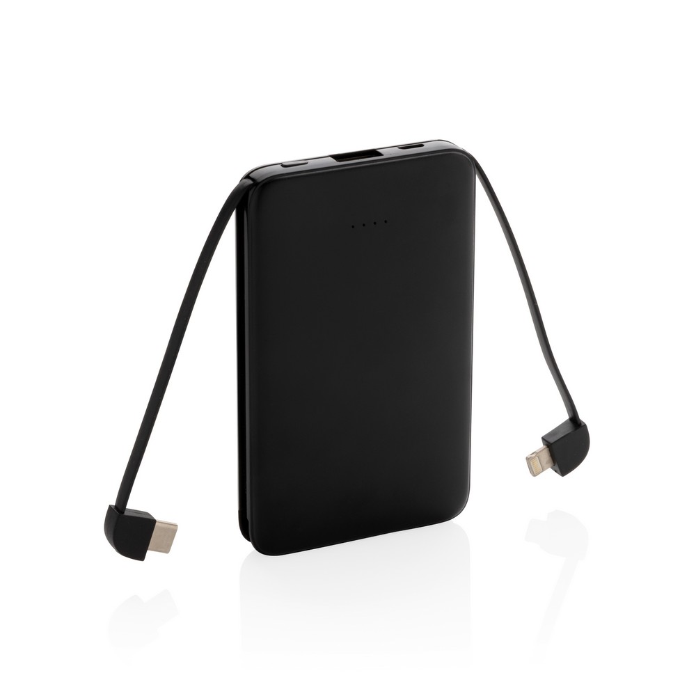 Power bank 5000 mAh, zintegrowany kabel 3 w 1 z własnym nadrukiem, kolor czarny