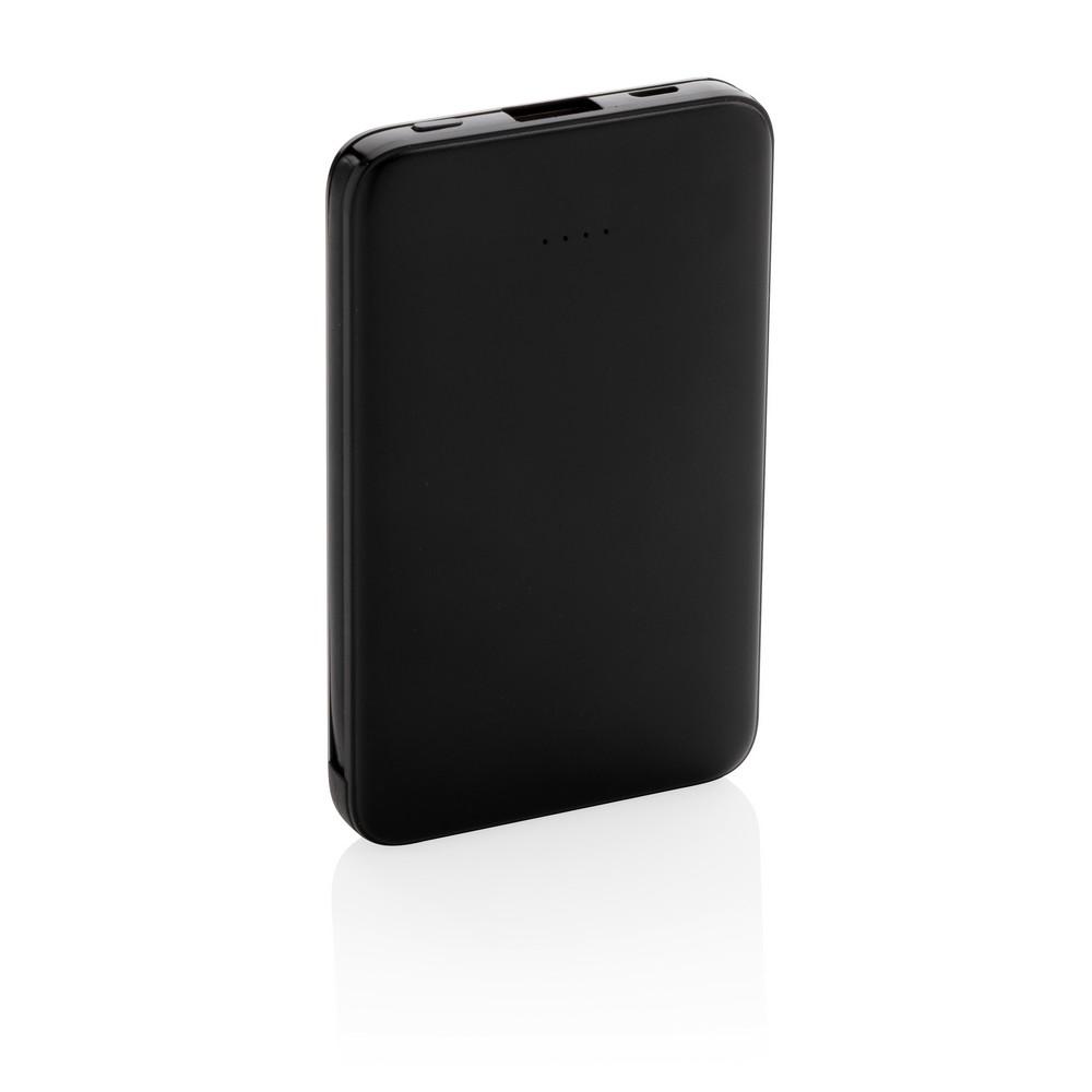 Power bank 5000 mAh, zintegrowany kabel 3 w 1 z własnym nadrukiem, kolor czarny