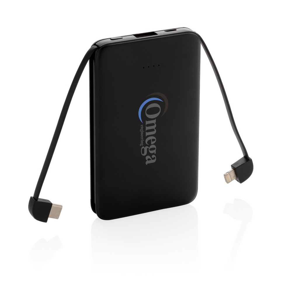 Power bank 5000 mAh, zintegrowany kabel 3 w 1 z własnym nadrukiem, kolor czarny