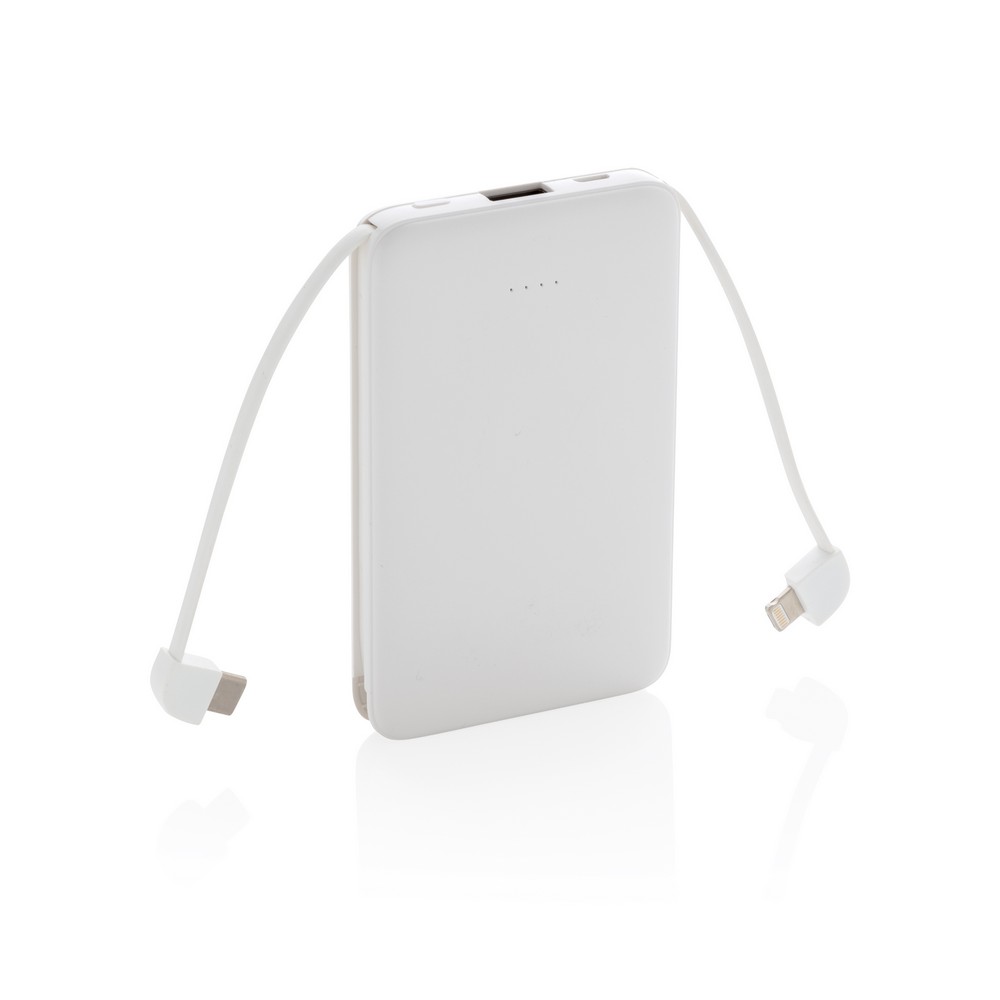 Power bank 5000 mAh, zintegrowany kabel 3 w 1 z własnym nadrukiem, kolor biały