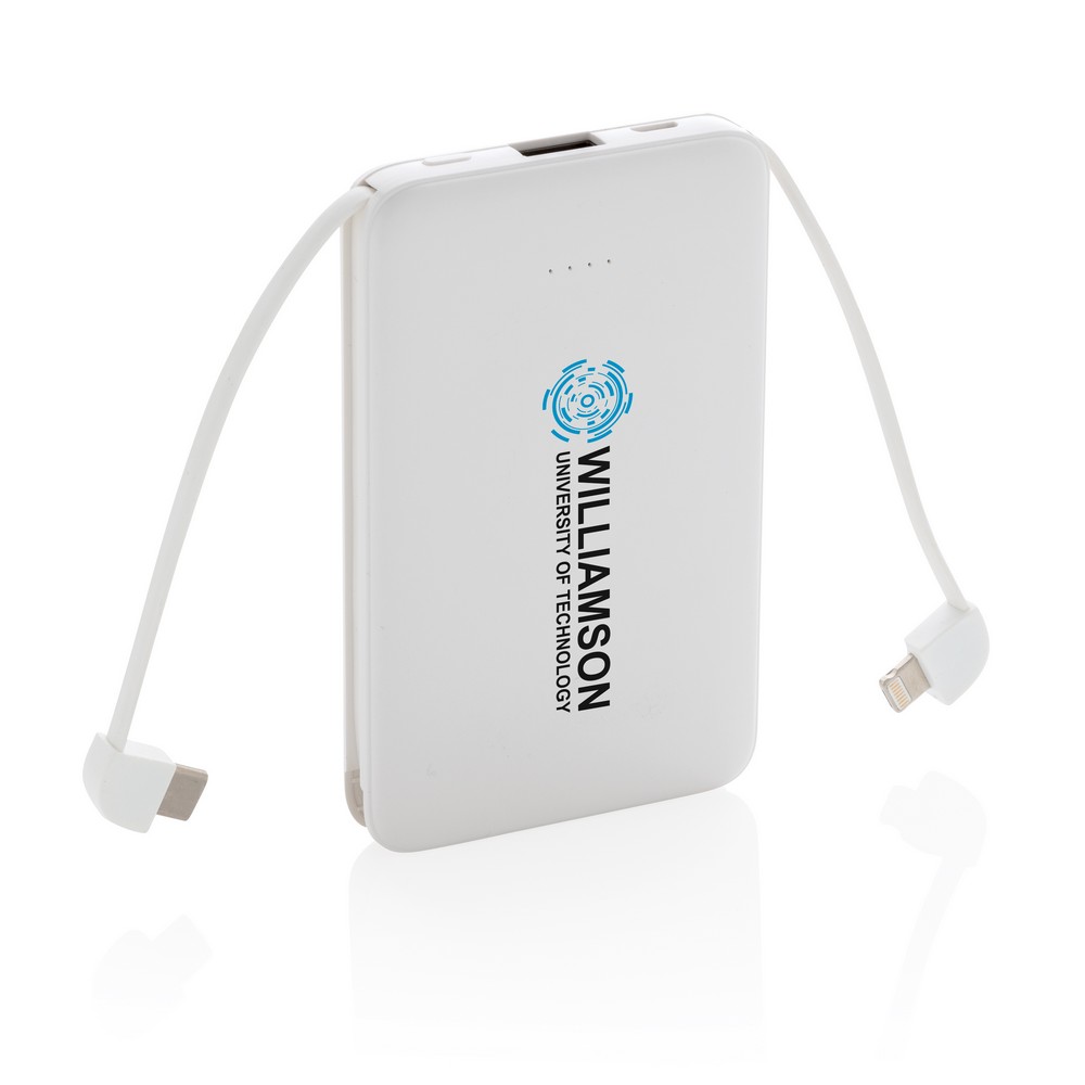 Power bank 5000 mAh, zintegrowany kabel 3 w 1 z własnym nadrukiem, kolor biały
