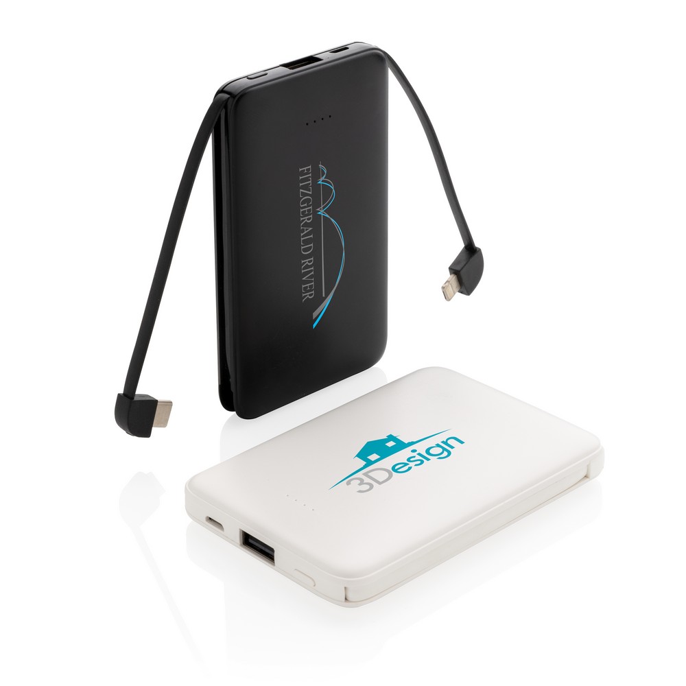 Power bank 5000 mAh, zintegrowany kabel 3 w 1 z własnym nadrukiem, kolor biały