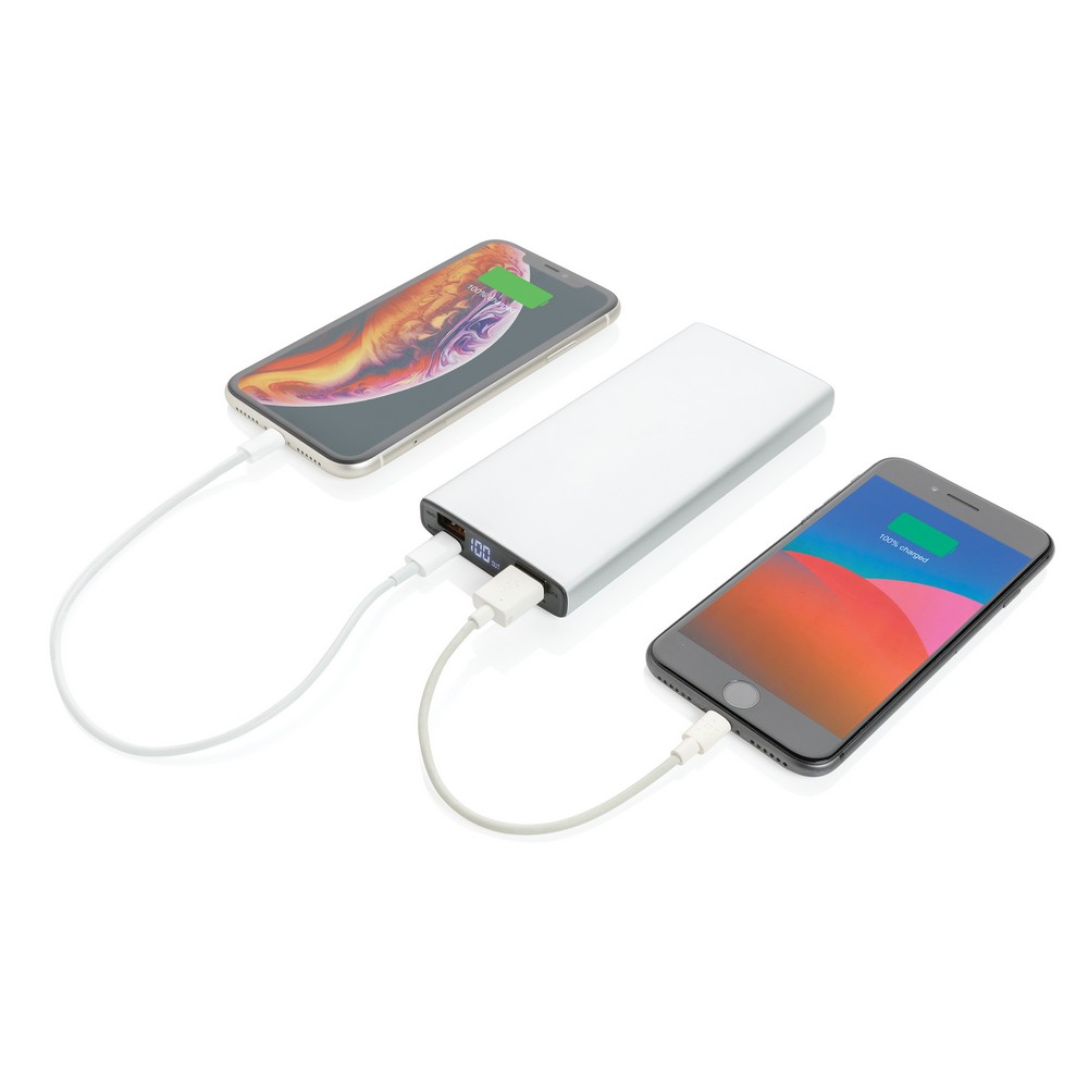 Szybki power bank 10000 mAh z własnym nadrukiem, kolor srebrny