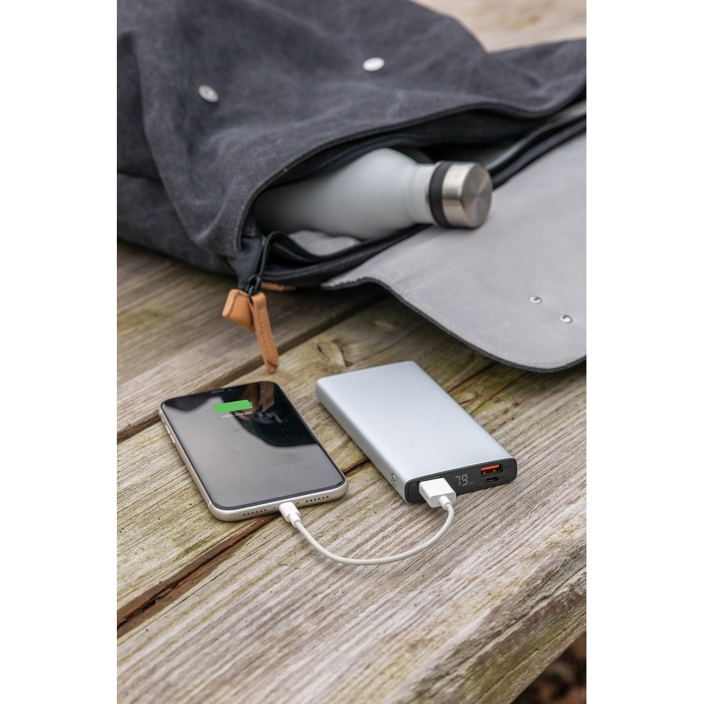 Szybki power bank 10000 mAh z własnym nadrukiem, kolor srebrny