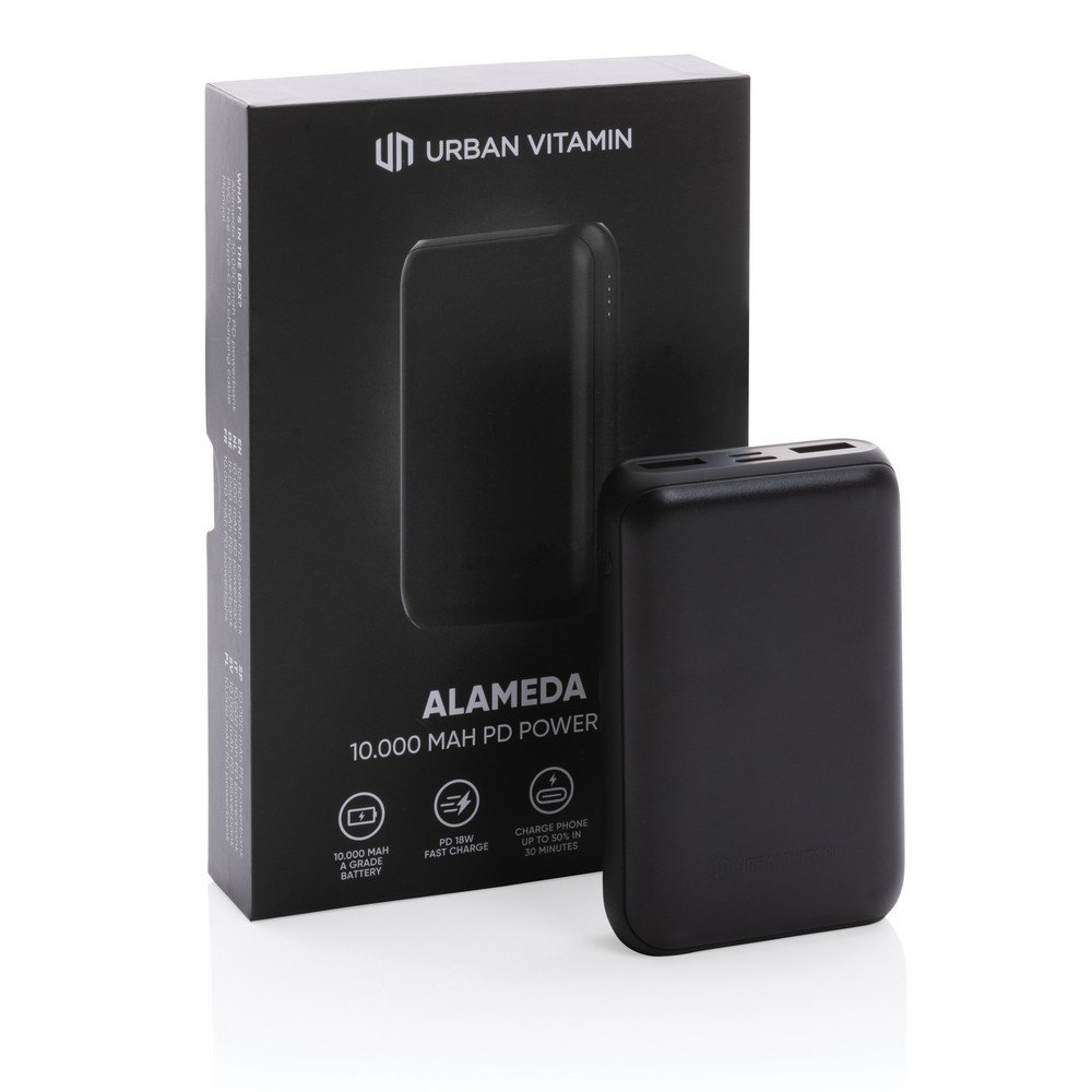 Szybki power bank 10000 mAh Urban Vitamin z własnym nadrukiem, kolor czarny