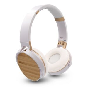 Składane bezprzewodowe słuchawki nauszne, bambusowe elementy | Hollie z własnym nadrukiem, kolor biały