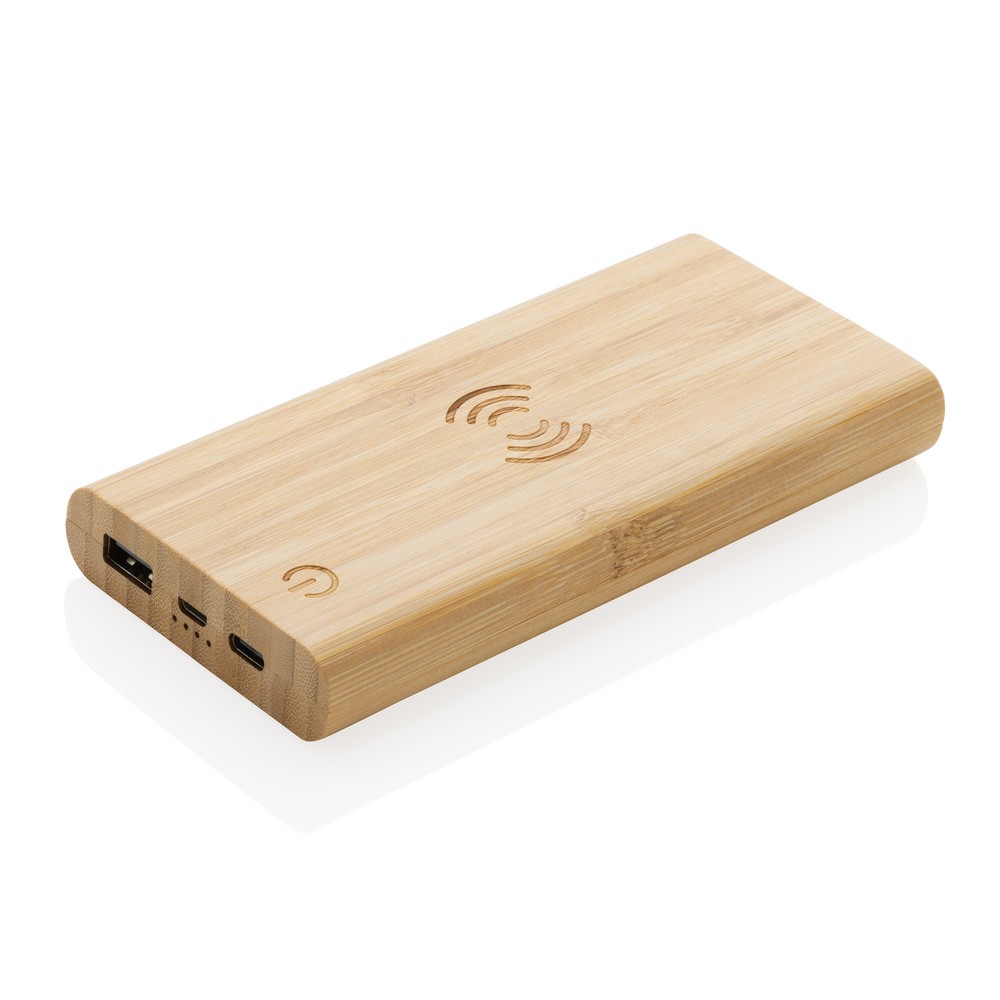 Bambusowy, bezprzewodowy power bank 8000 mAh, ładowarka bezprzewodowa 5W z własnym nadrukiem, kolor brązowy