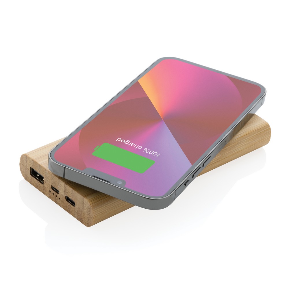 Bambusowy, bezprzewodowy power bank 8000 mAh, ładowarka bezprzewodowa 5W z własnym nadrukiem, kolor brązowy