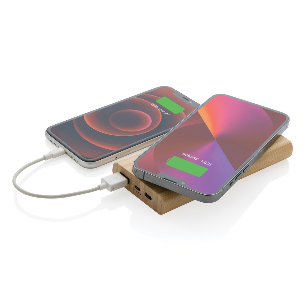 Bambusowy, bezprzewodowy power bank 8000 mAh, ładowarka bezprzewodowa 5W z własnym nadrukiem, kolor brązowy