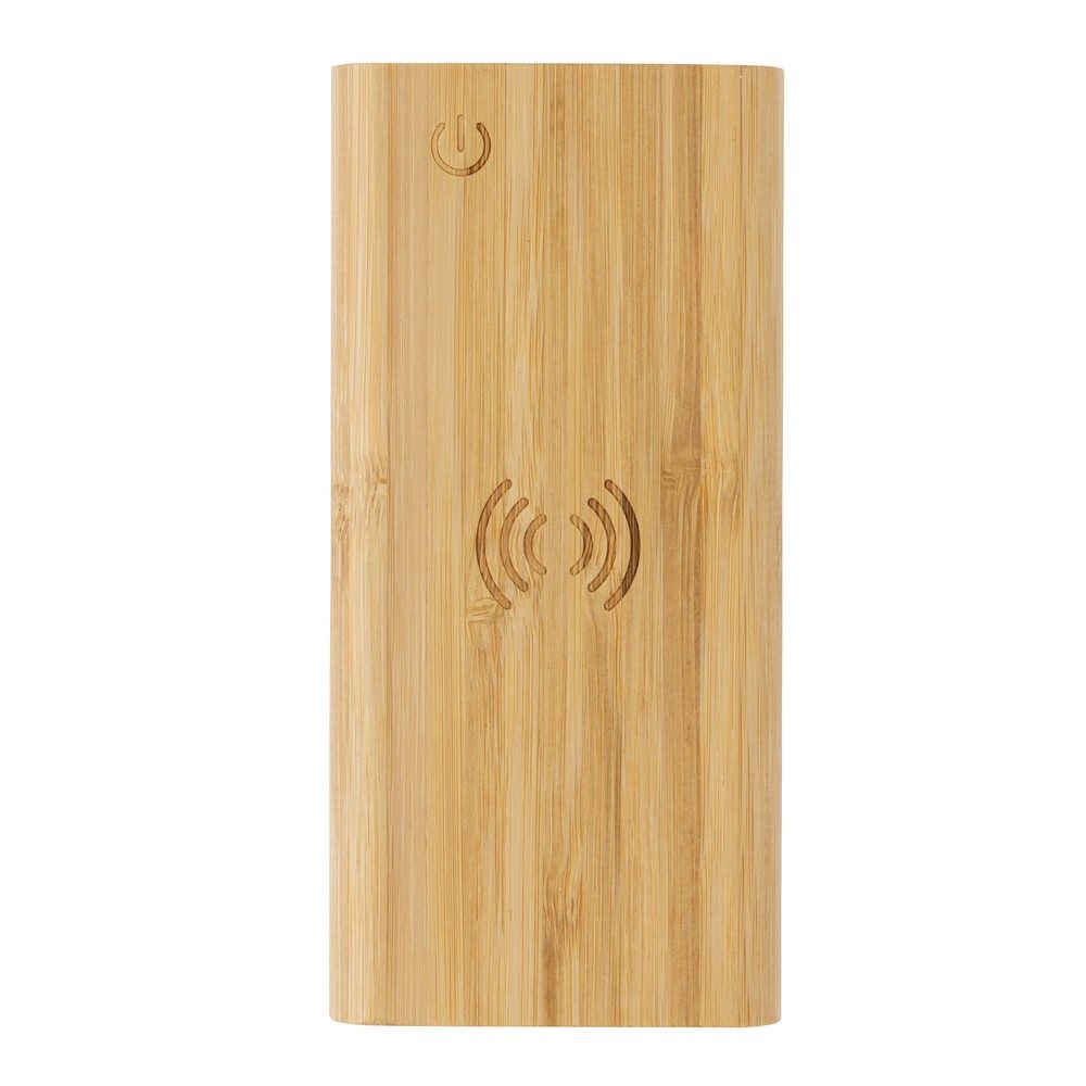 Bambusowy, bezprzewodowy power bank 8000 mAh, ładowarka bezprzewodowa 5W z własnym nadrukiem, kolor brązowy
