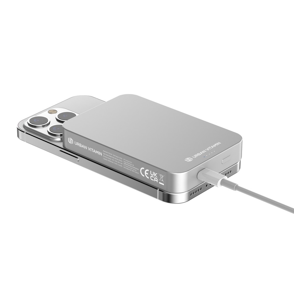 Power bank 10000 mAh Urban Vitamin Compton, RABS z własnym nadrukiem, kolor srebrny