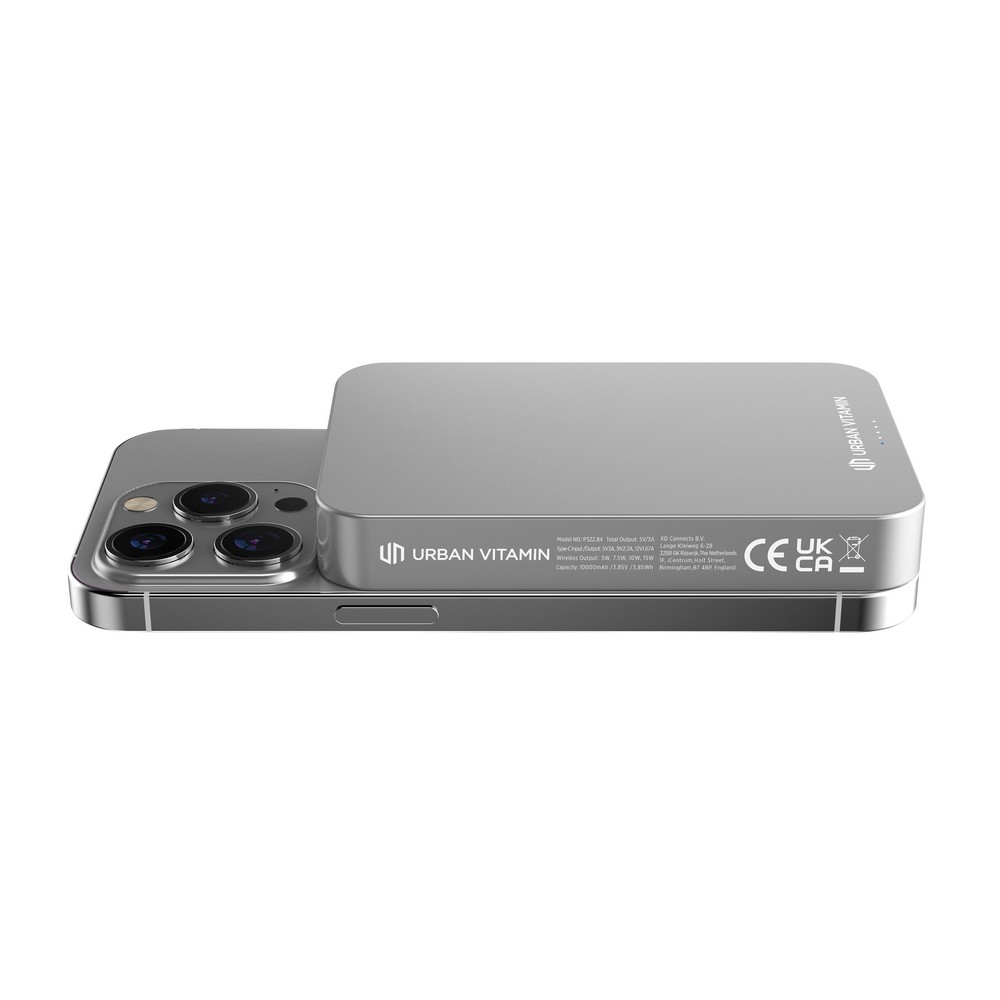 Power bank 10000 mAh Urban Vitamin Compton, RABS z własnym nadrukiem, kolor srebrny