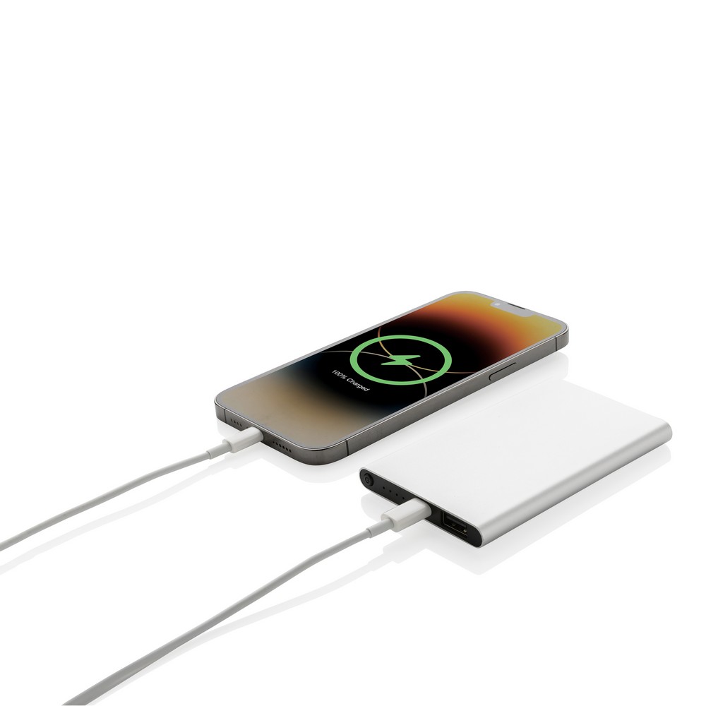Power bank 4000 mAh z aluminium z recyklingu z własnym nadrukiem, kolor srebrny