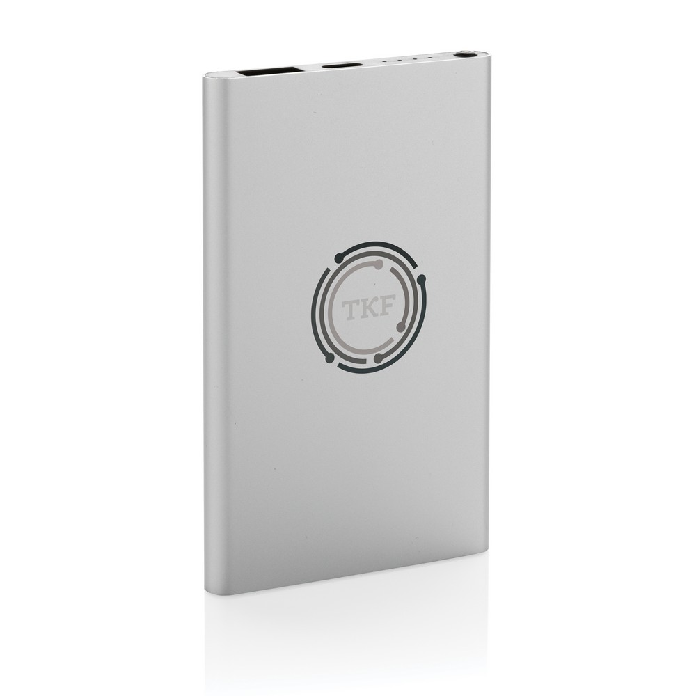 Power bank 4000 mAh z aluminium z recyklingu z własnym nadrukiem, kolor srebrny