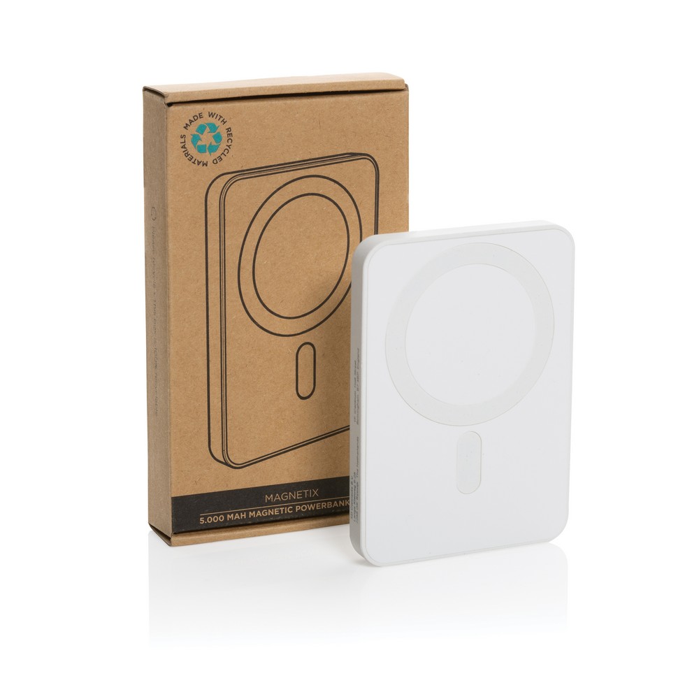 Magnetyczny bezprzewodowy power bank 5000 mAh Magnetix z własnym nadrukiem, kolor biały