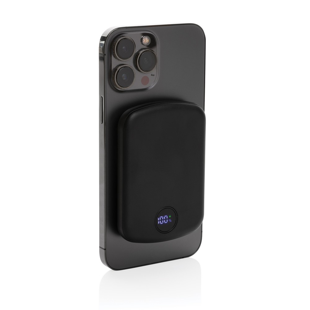 Magnetyczny bezprzewodowy power bank 5000 mAh MagBoost z własnym nadrukiem, kolor czarny