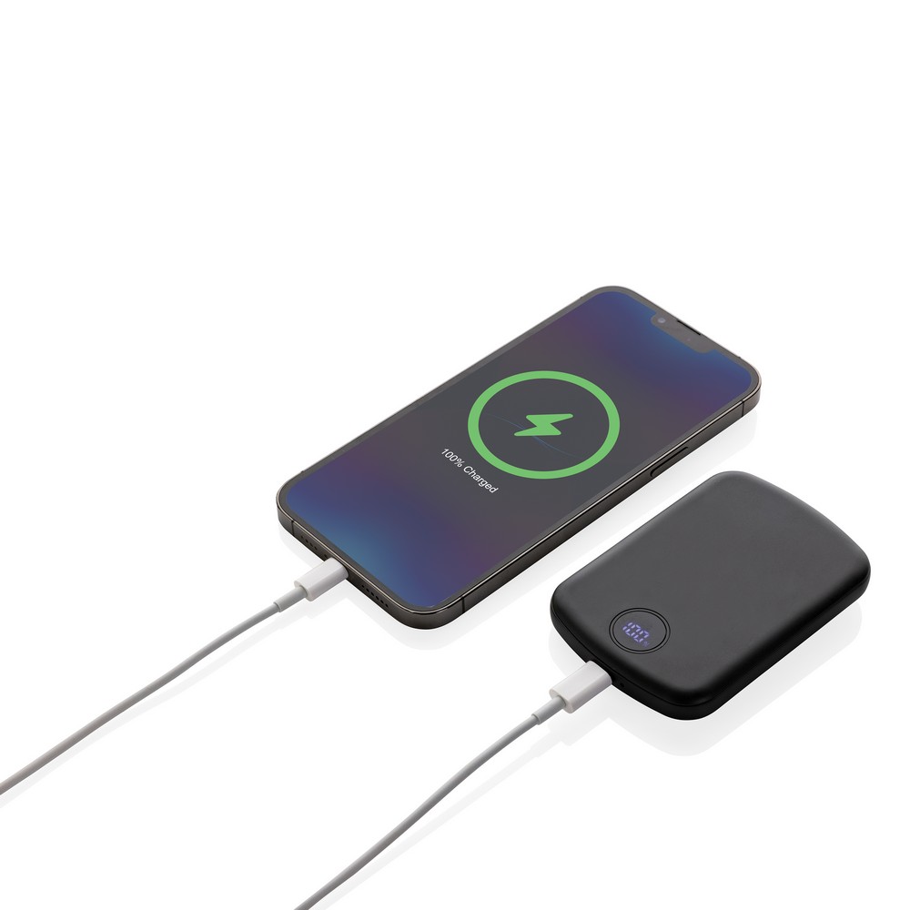 Magnetyczny bezprzewodowy power bank 5000 mAh MagBoost z własnym nadrukiem, kolor czarny
