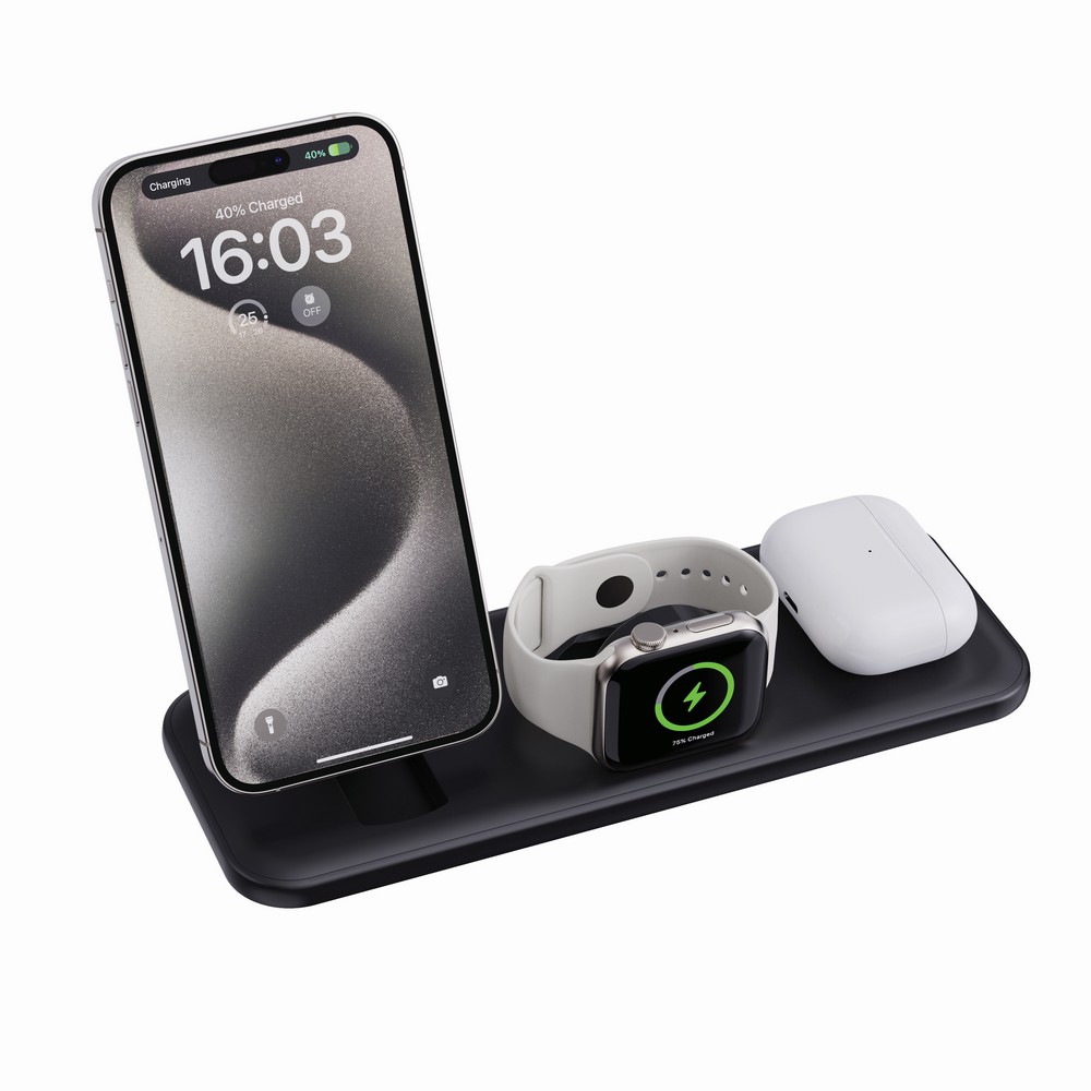 Ładowarka bezprzewodowa 3 w 1, 15W Urban Vitamin Torrance z własnym nadrukiem, kolor czarny