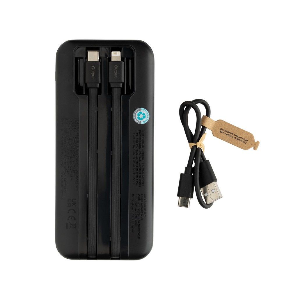 Power bank 10000 mAh ze zintegrowanymi kablami Turbopack z własnym nadrukiem, kolor czarny