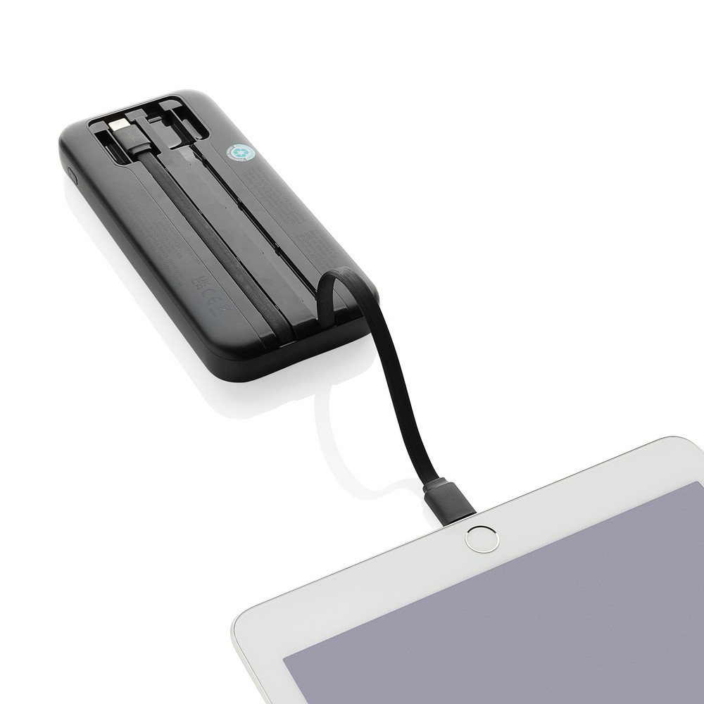 Power bank 10000 mAh ze zintegrowanymi kablami Turbopack z własnym nadrukiem, kolor czarny