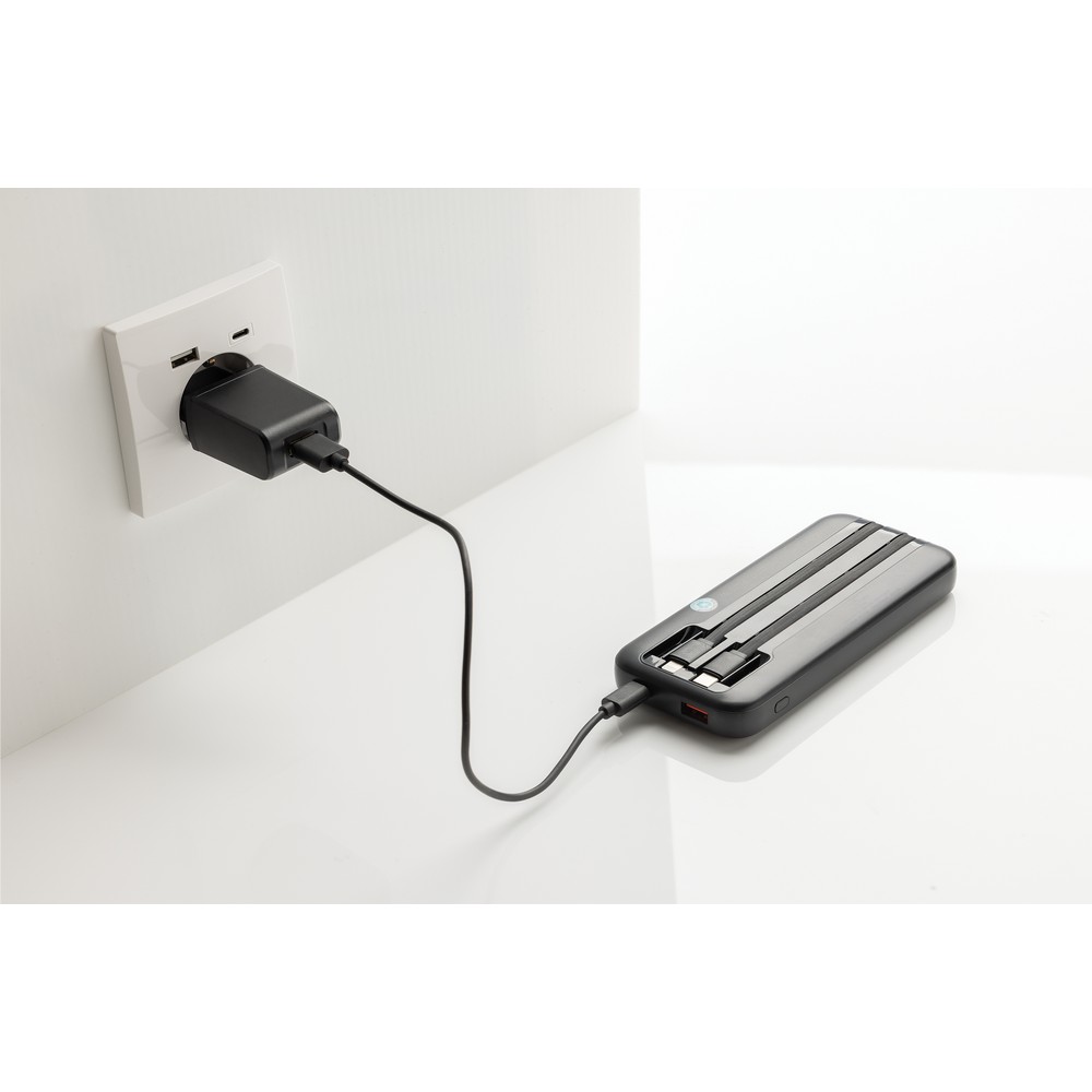 Power bank 10000 mAh ze zintegrowanymi kablami Turbopack z własnym nadrukiem, kolor czarny