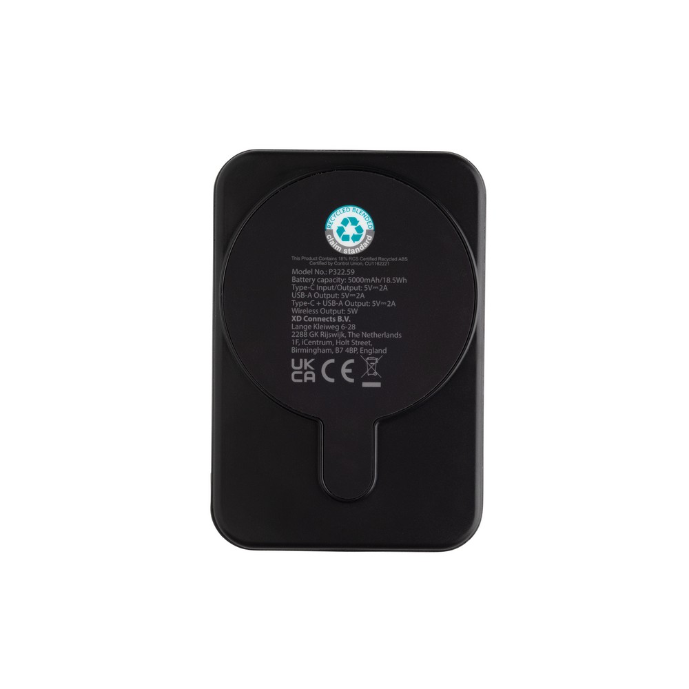 Magnetyczny bezprzewodowy power bank 5000 mAh, 5W Stellar z własnym nadrukiem, kolor czarny