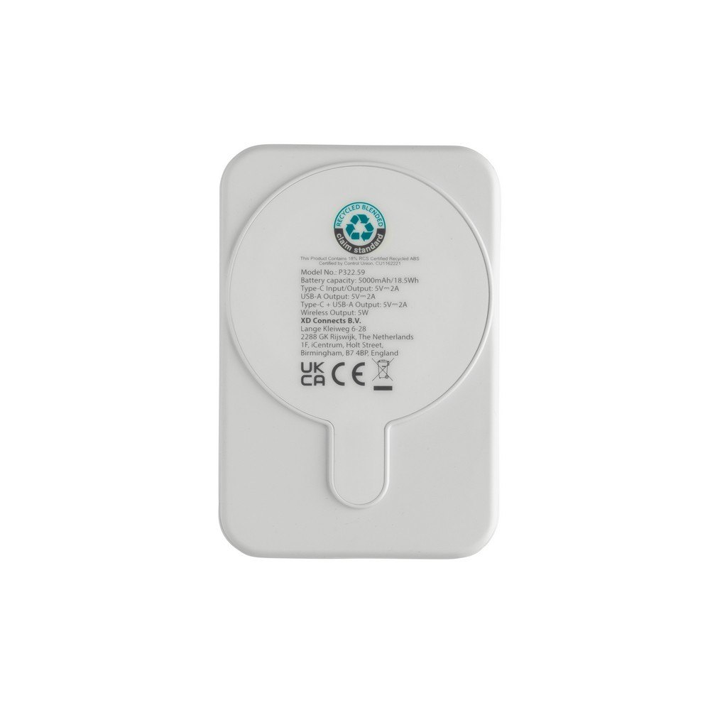Magnetyczny bezprzewodowy power bank 5000 mAh, 5W Stellar z własnym nadrukiem, kolor biały