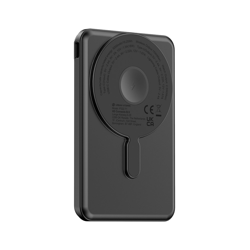 Magnetyczny power bank 5000 mAh Urban Vitamin Redwood z własnym nadrukiem, kolor czarny