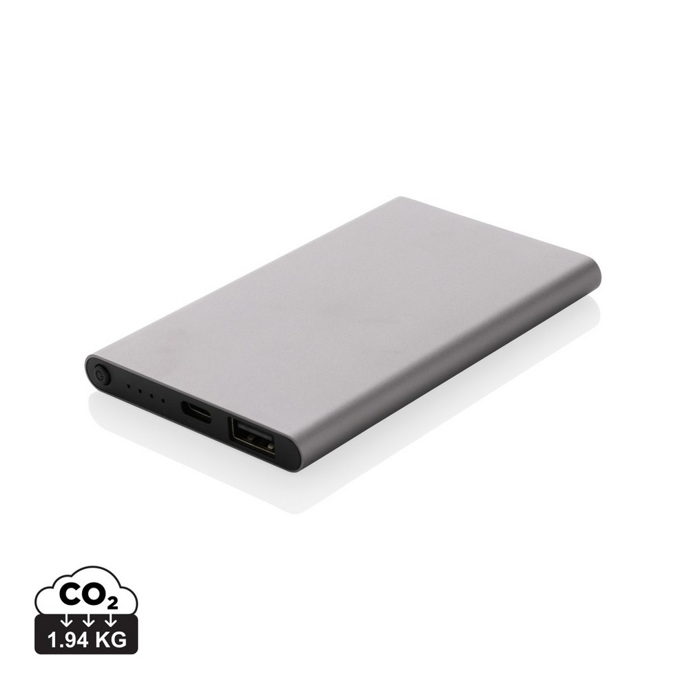 Power bank 4000 mAh z aluminium z recyklingu z własnym nadrukiem, kolor szary