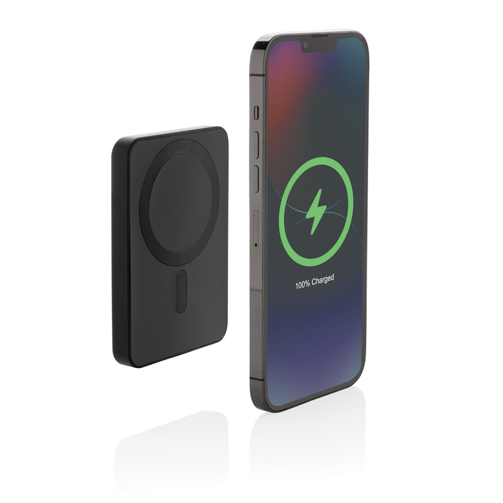 Magnetyczny bezprzewodowy power bank 5000 mAh Magnetix z własnym nadrukiem, kolor czarny