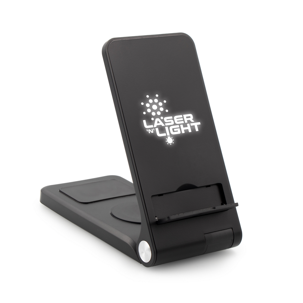 Ładowarka bezprzewodowa 15W Exclusive Collection, 3 w 1, stojak na telefon | Zita z własnym nadrukiem, kolor czarny