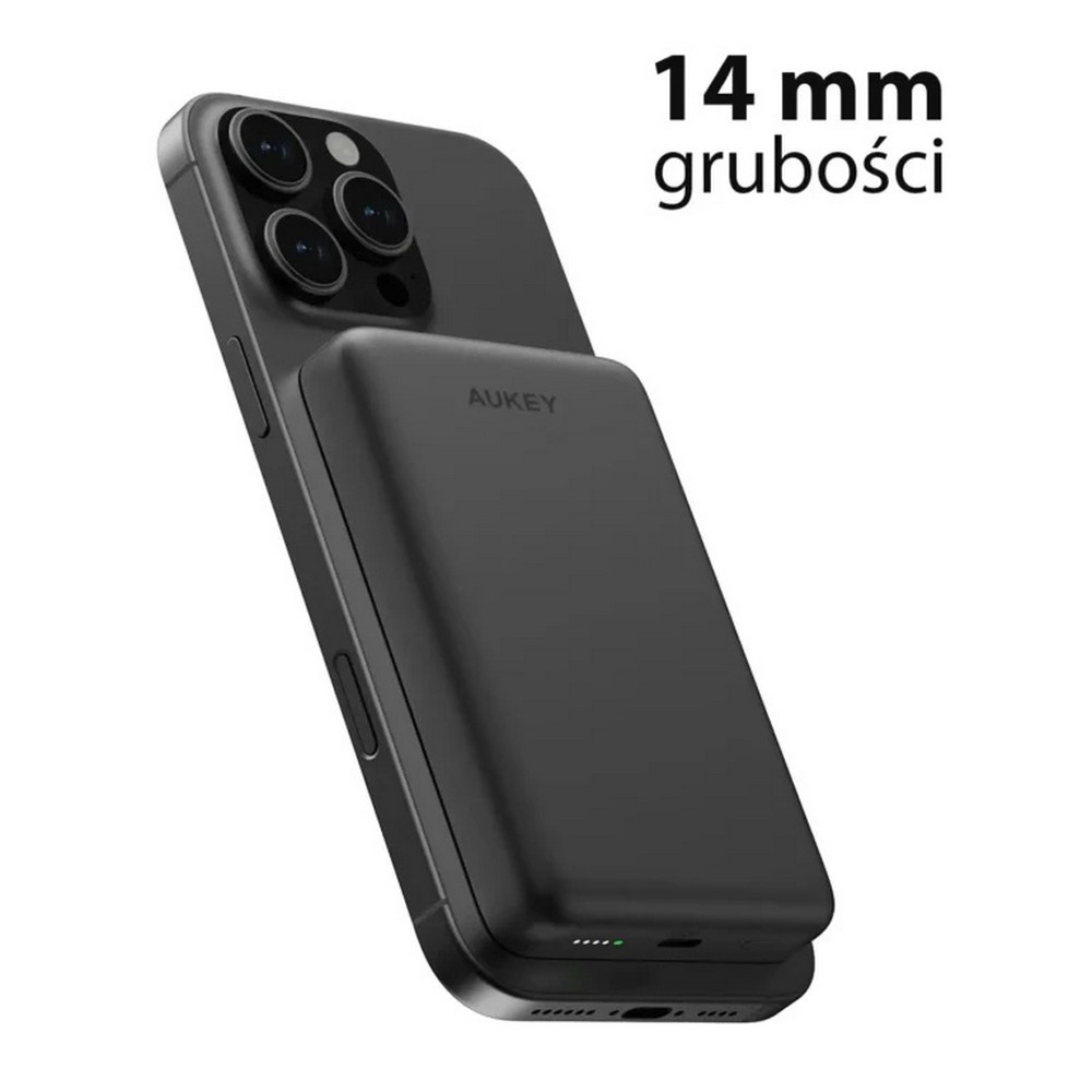 Magnetyczny, bezprzewodowy power bank 10000 mAh Aukey z własnym nadrukiem, kolor czarny