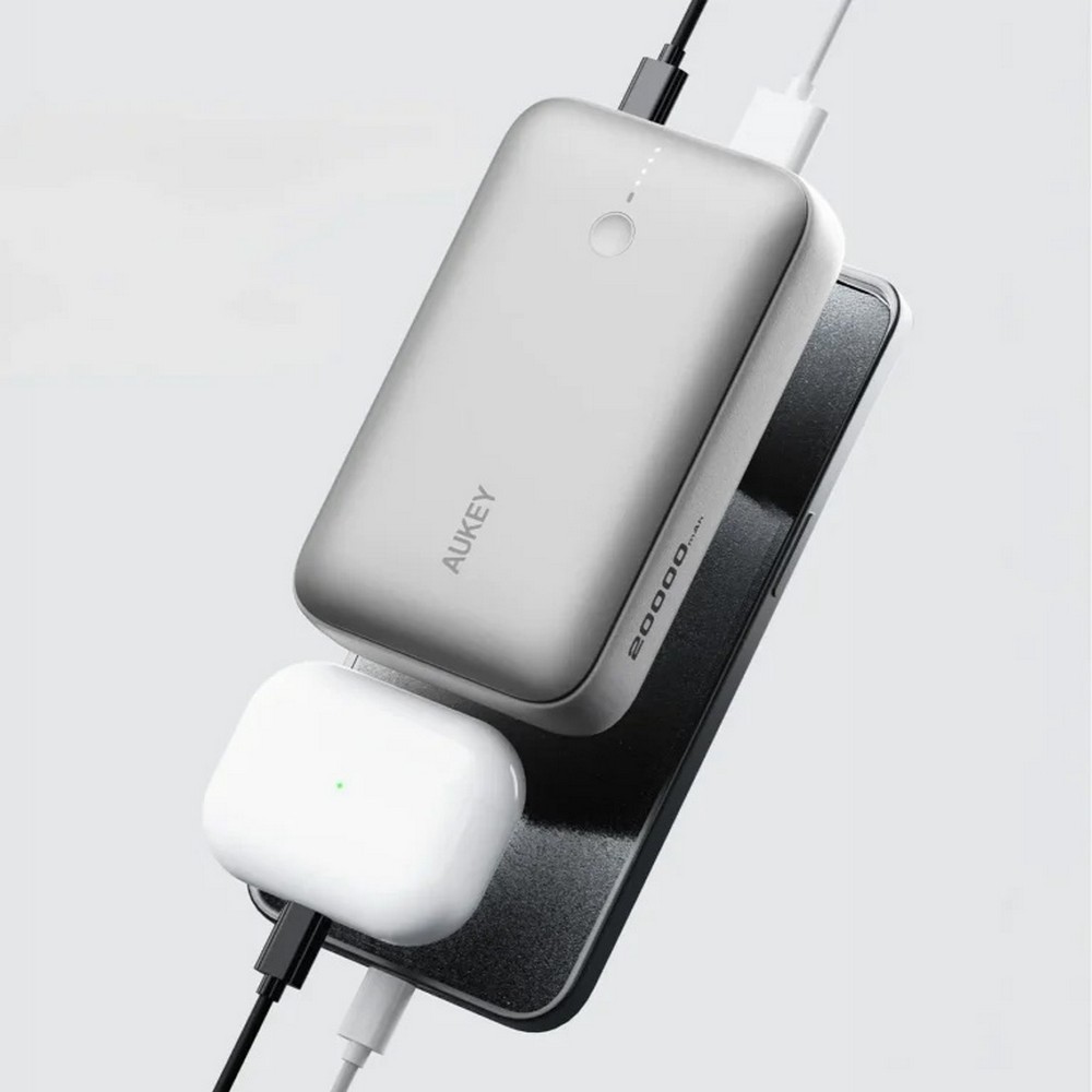 Power bank 20000 mAh Aukey z własnym nadrukiem, kolor srebrny