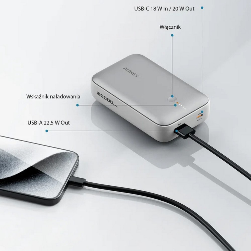 Power bank 20000 mAh Aukey z własnym nadrukiem, kolor srebrny