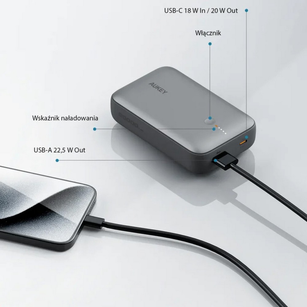 Power bank 20000 mAh Aukey z własnym nadrukiem, kolor grafitowy