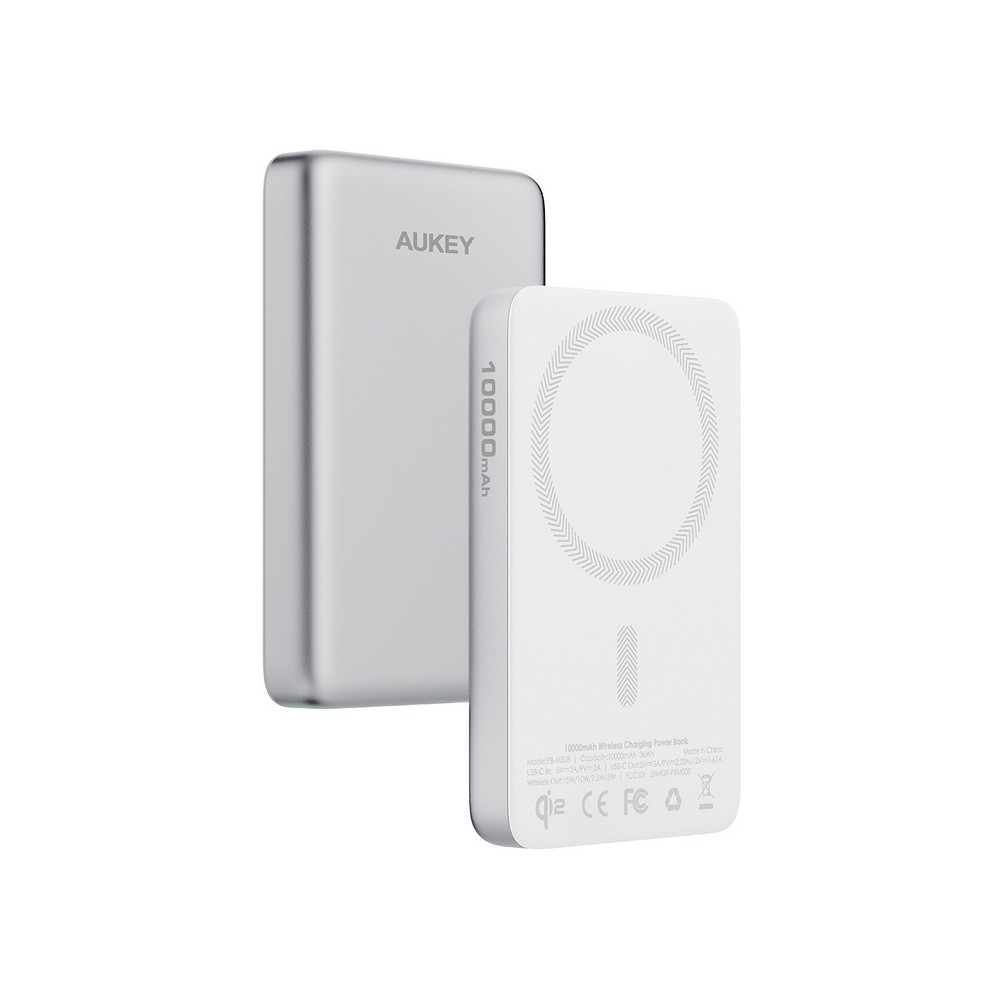 Magnetyczny, bezprzewodowy power bank 10000 mAh Aukey z własnym nadrukiem, kolor srebrny
