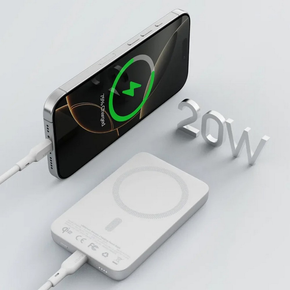 Magnetyczny, bezprzewodowy power bank 10000 mAh Aukey z własnym nadrukiem, kolor srebrny