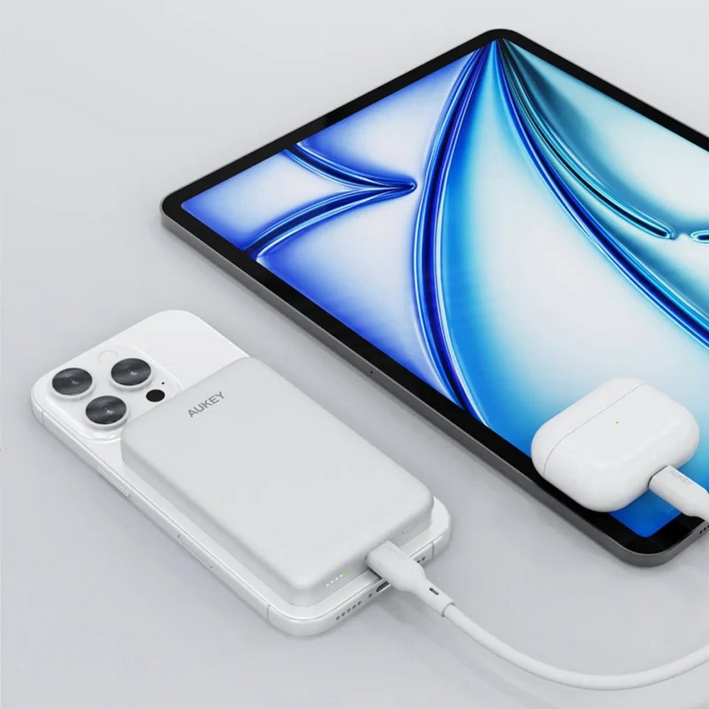 Magnetyczny, bezprzewodowy power bank 10000 mAh Aukey z własnym nadrukiem, kolor srebrny