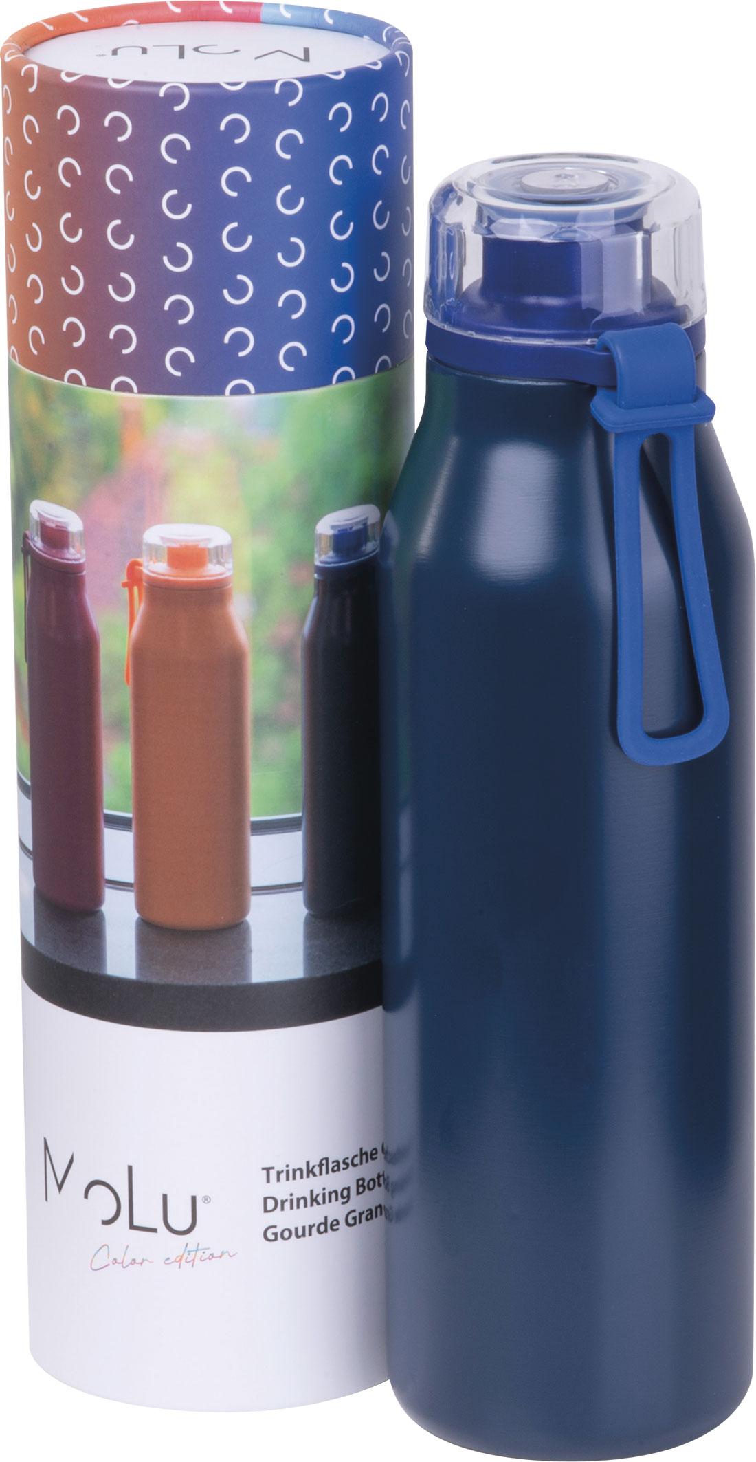 Butelka termiczna stalowa z recyklingu GRAND HAVEN MoLu 640 ml - z logo z własnym nadrukiem, kolor granatowy