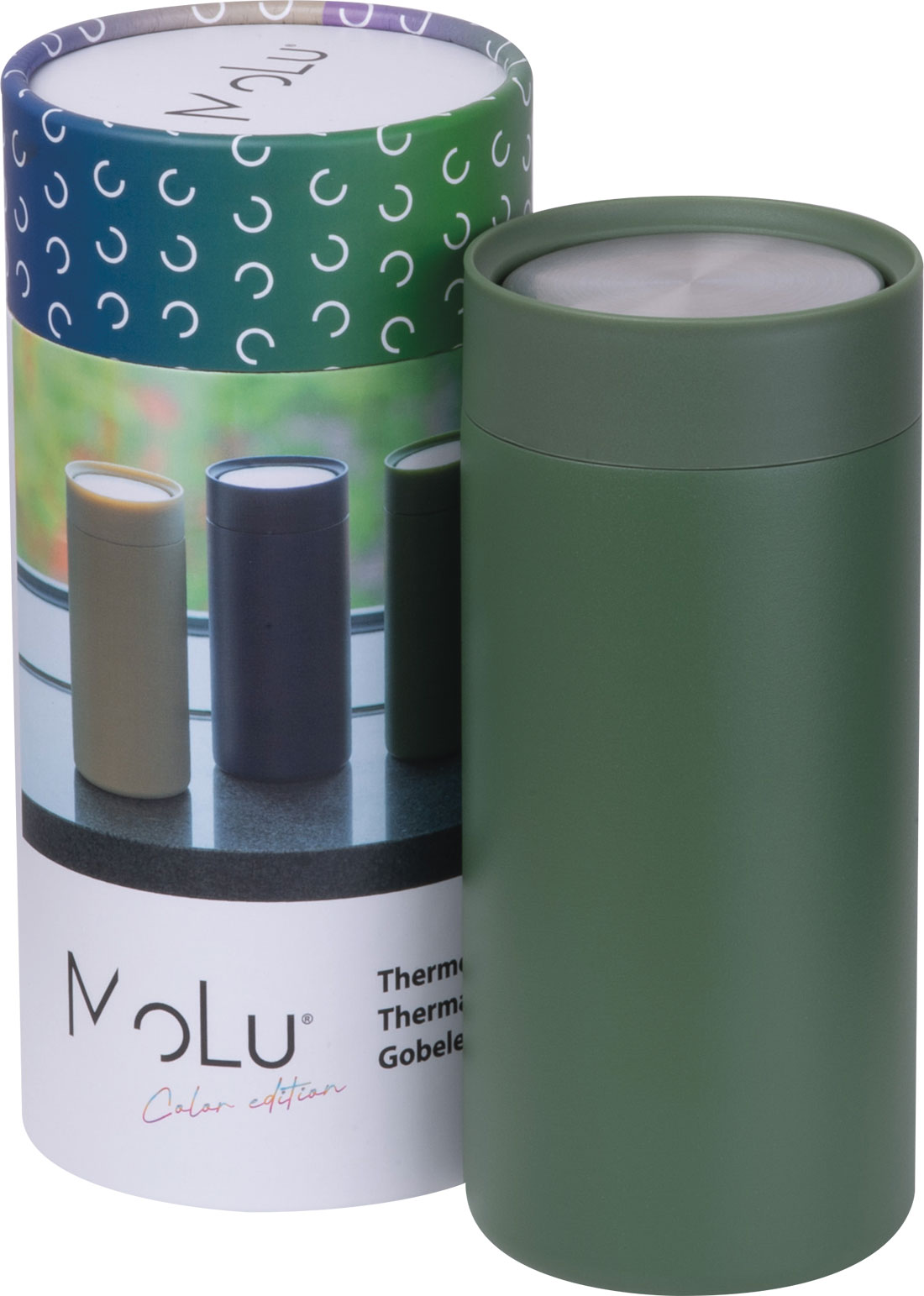 Kubek termiczny stalowy z recyklingu LE PORT MoLu 360 ml - z logo z własnym nadrukiem, kolor oliwkowy