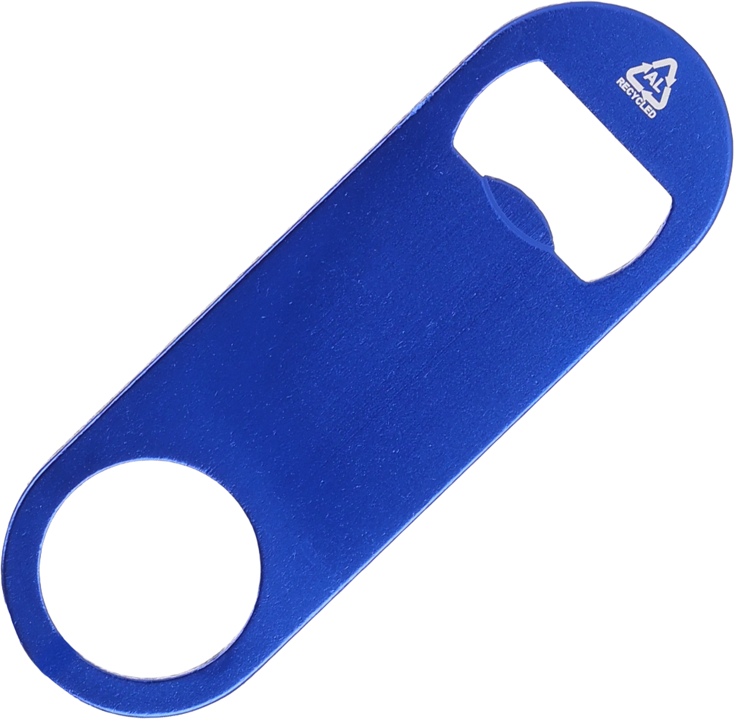niebieski Otwieracz do butelek z aluminium z recyklingu TRABZON – z logo